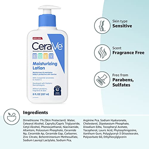 CERAVE BABY LOTION, GENTLE BABY SKIN CARE WITH CERAMIDES, NIACINAMIDE & VITAMIN E, FRAGRANCE, PARABEN, DYE & PHTHALATES FREE, LIGHTWEIGHT MOISTURIZER, 8 OUNCE, PACKAGING MAY VARY