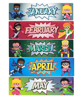 Renewing Minds Superheroes Monthly Calendar Headers, 5 x 16 Inches, Multi-colored, 12 Pieces
