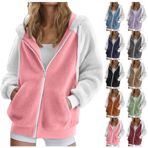 Hoodies for Women UK Winter Warm Teddy Fleece Jackets Fuzzy Zip Up Hooded Sweatshirts Soft Comfortable Coats with Slant Pockets