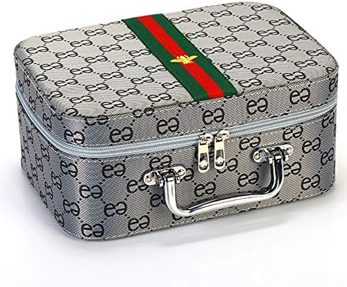 LCDYPortable Portable Cosmetic Case PU Leather Plaid Large Capacity Waterproof Washing Storage With Makeup Mirror Travel,Gray,22 * 15 * 9CM