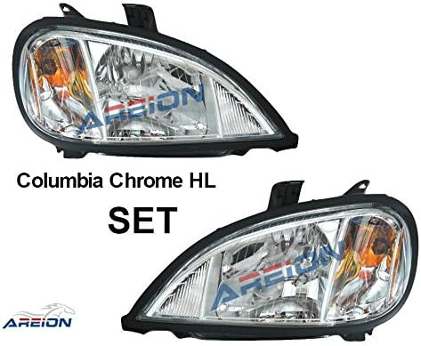 Freightliner Columbia Headlight Set | Chrome Housing | Passenger and Driver Side | 2004-2011 Models | Wire Harness and Bulbs Included | Direct OEM Replacement A0675737003 &amp; A0675737002 | Areion