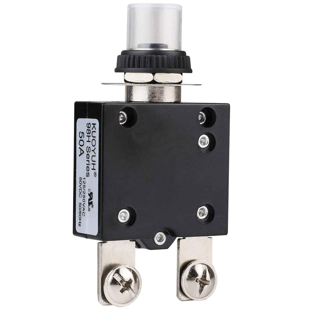 CLDIY Thermal Circuit Breaker 50A 125/250V AC 32V DC Push Button Reset Thermal Overload Circuit Breaker with Quick Connect Clips and Waterproof Button Cover Pack of 1
