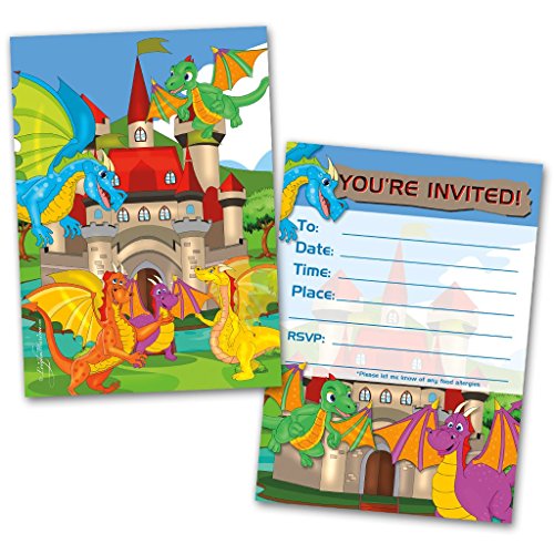 Leigha Marina Party Invitation Cards, 20 Cards with 20 Envelopes, Dragons Themed, Flat Style, Colorful Design, Birthday Invitations, Party Invitations, Invitation Card, Birthday Party Invitations