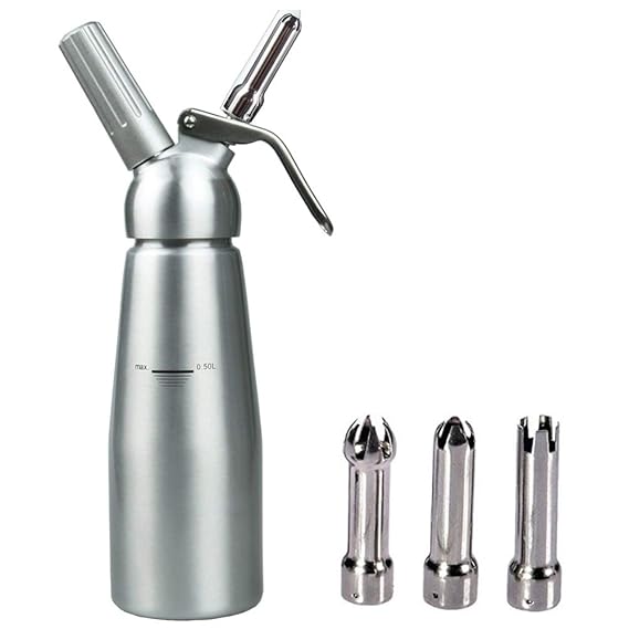 TAMUME Silber Sahnebereiter Edelstahlkörper - 0.5 Liter Professional Aluminium Sahnespender mit 3 Garniertüllen + Schrubber -