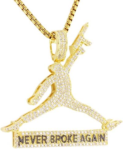 14k Gold Finish Jump Man Never Broke Again Pendant Simulated Diamond Custom Chain