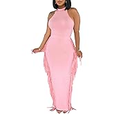YUEWOO 2 Piece Outfits for Women Sexy Crop Top Ruched Bodycon Maxi Dresses Fringe Skirt Sets Night Club Jumpsuits
