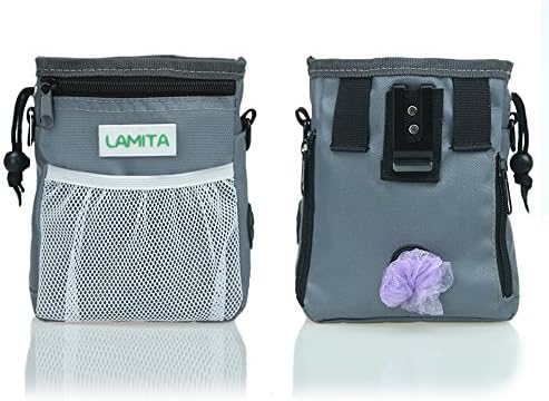LAMITA Dog Treat Training Pouch Built-In Poop Bag Dispenser, Carries Pet Treat, Toys, Kibble with Adjustable Shoulder Strap, Waist Belt, Belt Clip in Grey