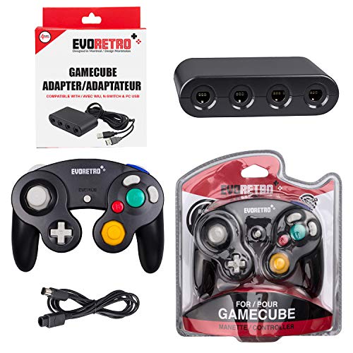 Black Controller and Adapter and for Gamecube compatible for Nintendo Switch - Ideal Bundle for Smash Bros Compatible also for PC Wii and Wii U