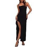 REORIA Women's Sexy Square Neck Sleeveless Bodycon Dress Backless Ruched High Slit Cocktail Party Maxi Dress