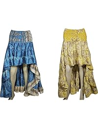 Mogul Interior Womens Hi Low Skirt Silk Sari Full Flare Summer Skirts Lot of 2