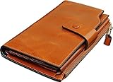 Obosoyo Women's Large Capacity Luxury Wax Genuine Leather Wallet With Zipper Pocket Yellowish Brown