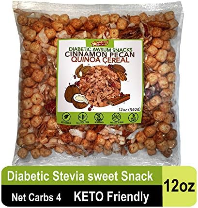 Diabetic Awsum Snacks 12 oz Mix Cinnamon Pecan Organic Quinoa Cereal 4g Net Carbs No Sugar Added Low Carb Gluten-Free High Fiber Non-GMO Keto and Vegan Friendly Cranberries Almond Coconut Stevia