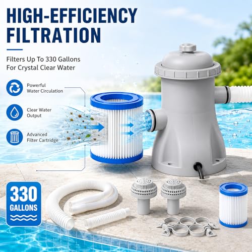 Denash de Bomba de filtros de Piscina de Cartucho, 330 GPH, Potente Bomba de Filtro de Piscina, Cartucho eléctrico de Alta eficiencia para Piscinas sobre el Piso