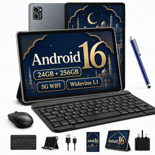 TABWEE Tablet 10 Inch Android 16 Tablet with Keyboard, 24GB RAM (8+16GB Ext.) 256GB ROM (2TB TF Expand), Octa-Core 2 in 1 Android Tablet, 5G WiFi, 5000mAh, GPS, Gemini AI, Space Gray