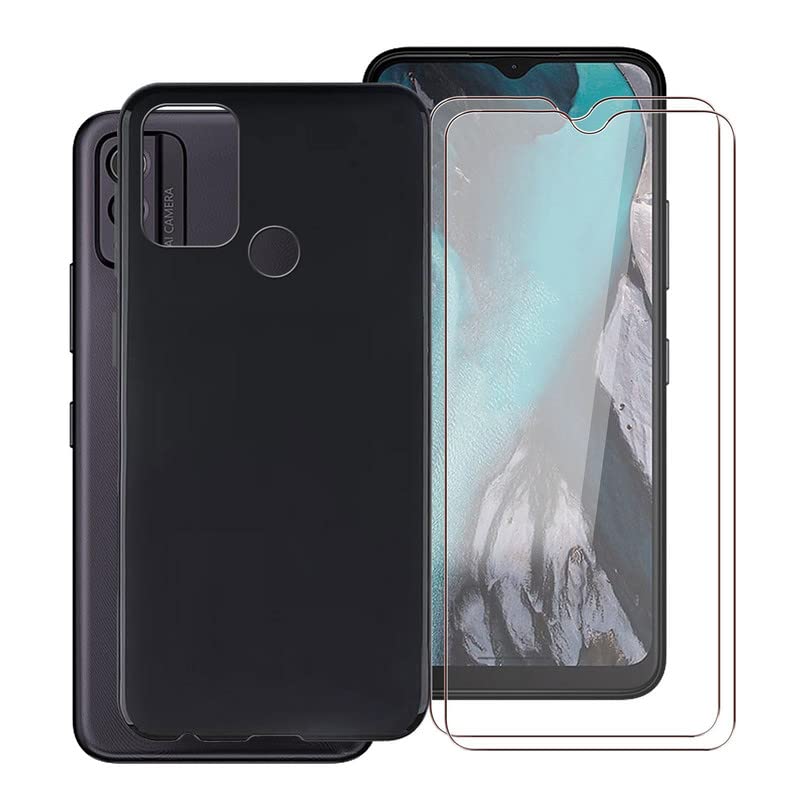 TREBAM Phone Case for Nokia C22 (6.50 Inches) with 2 Pack Tempered Glass Protective Film, Black Soft TPU Bumper Shockproof Silicone Cover for Nokia C22 - Black