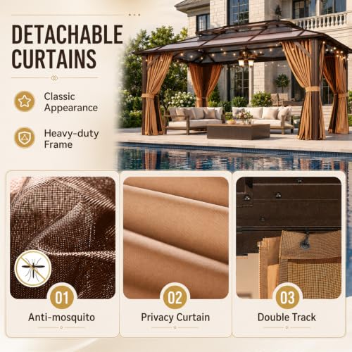 Aoxun 12x16 Outdoor Gazebo Double Polycarbonate Roof Brown Hardtop image 23