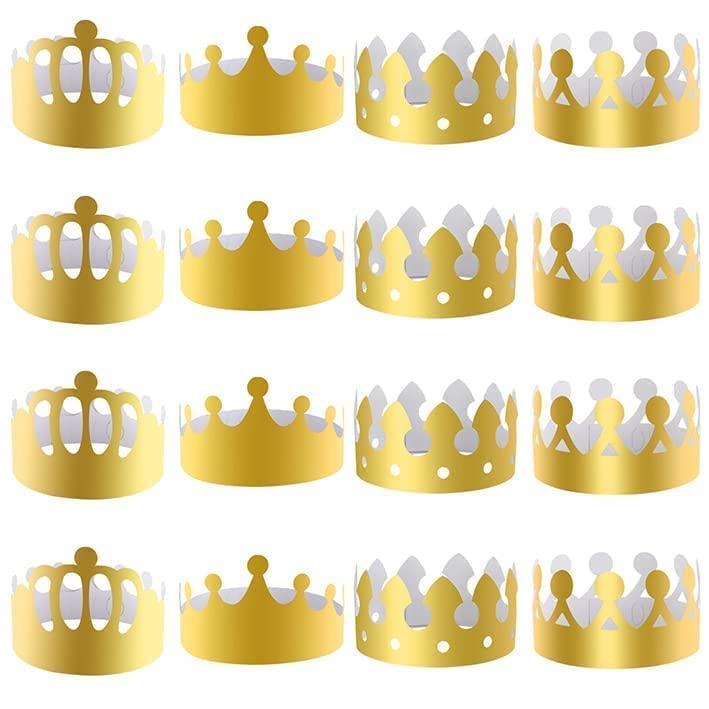 Runmeihe 16 Pieces Gold Paper Crowns for Adults Kids, 4 Styles Adjustable King Crown Party Decorations Hats, 2023 Queen Hats Cardboard Headwear for Party, Birthday, Celebration