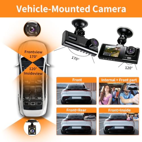 Angulo Ultraamplio 170° 3 Cameras 1080P Car Dashcam, Night Vision IR G-Sensor, 24H Parking Mode, Built-in WiFi Loop Recording, Ideal for VTC Driver and Car Security