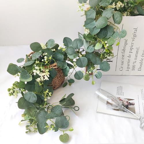 ROLLWAY Pack of 2 Eucalyptus Garland, Artificial Garland Plant, 1.8 m, Hanging Green Leaves, Decoration with White Flowers, Silver Dollar, Eucalyptus Vine, for Background, Wedding, Arch, Grey Green