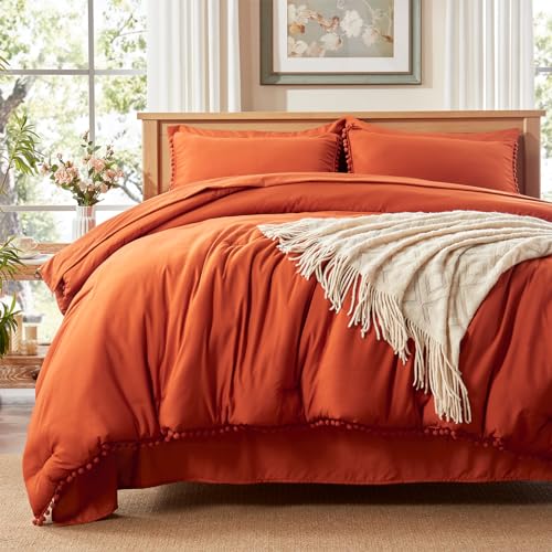 Anluoer Full Comforter Set 7 Piece, Burnt Orange Bed in a Bag with Sheets, Pom Pom Boho Bedding Comforter Sets with 1 Comforter, 2 Pillow Shams, 2 Pillowcases, 1 Flat Sheet, 1 Fitted Sheet