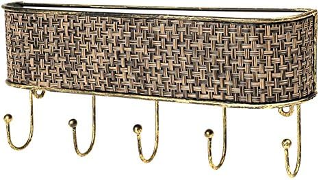 Keep Letter Holder | Multipurpose Wall Mount Hanger Storage with 5 Hooks and Installation Screws | Durable Rustproof Iron Material Key Jewelry Clothing Organizer for Entryway Door | Gold | 1581.2