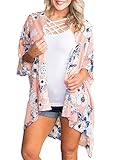 PINKMILLY Women Floral Print Kimono Cover up Sheer Chiffon Blouse Loose Long Cardigan Dusty Pink Small