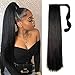 Yepei Natural Black Yaki Straight Long Clip in Ponytail Hair Extensions Kanekalon Wrap Around Synthetic Fake Pony Tail Hairpieces Heat Resistant Fiber Wave Ponytail Extensions for Women 120g 26inch