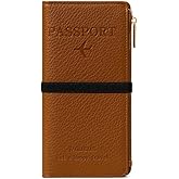 DOB SECHS Leather Passport Holder RFID Blocking Passport Wallet Case for Women, Travel Accessories Organizer Credit Cards Pouch Bag with ID Window+Zippered Cash Pocket+SIM Slots, Brown