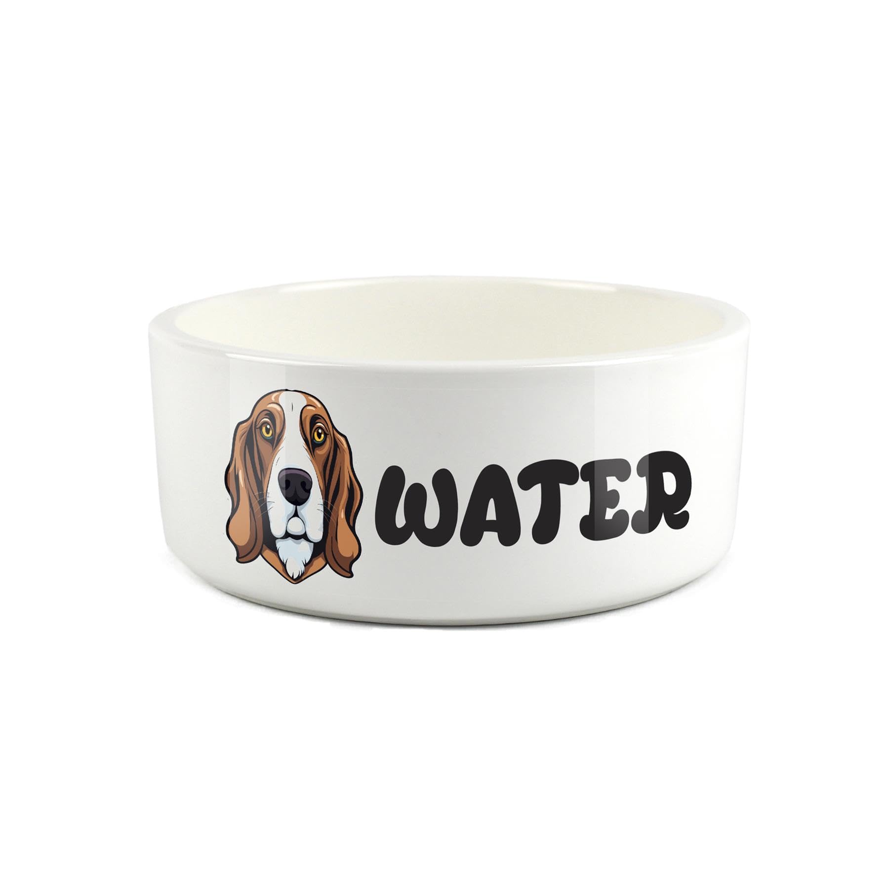 Basset Hound Pet Bowl - Cartoon Dog Portrait Large Ceramic Water Bowl - Novelty White Water Dish For Dogs