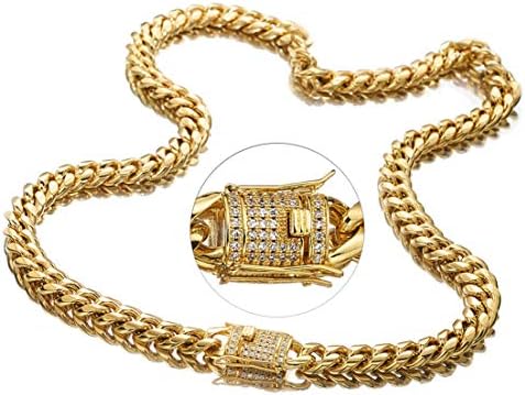 TIANZHIYOU TRADING Heavy Thick Mens Miami Cuban Link Chain Choker 18K Gold Plated Stainless Steel Chain Necklace 8/10/12/14mm Cuban Link Chain Various Sizes for Different People