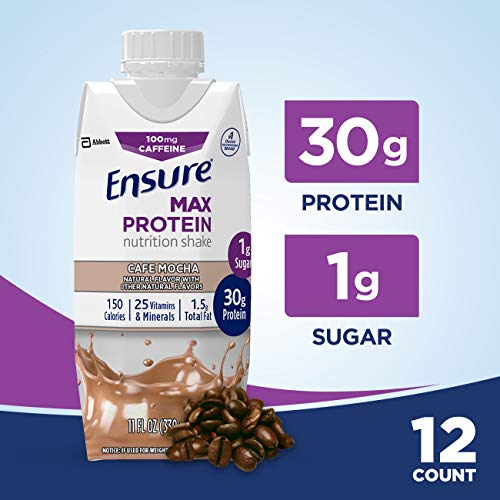 Ensure Max Protein Nutritional Shake with 30g of High-Quality Protein, 1g of Sugar, High Protein Shake, Café Mocha, 11 fl oz, 12 Count