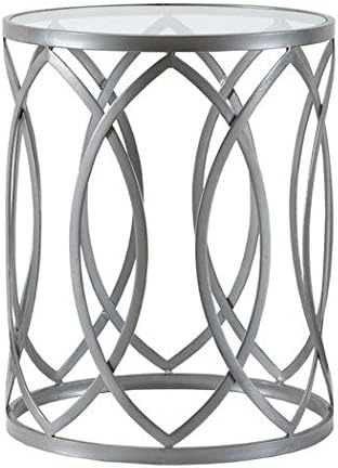 End Table, Geometric Styling in Silver Metal with Tempered Glass Top and Sled Base