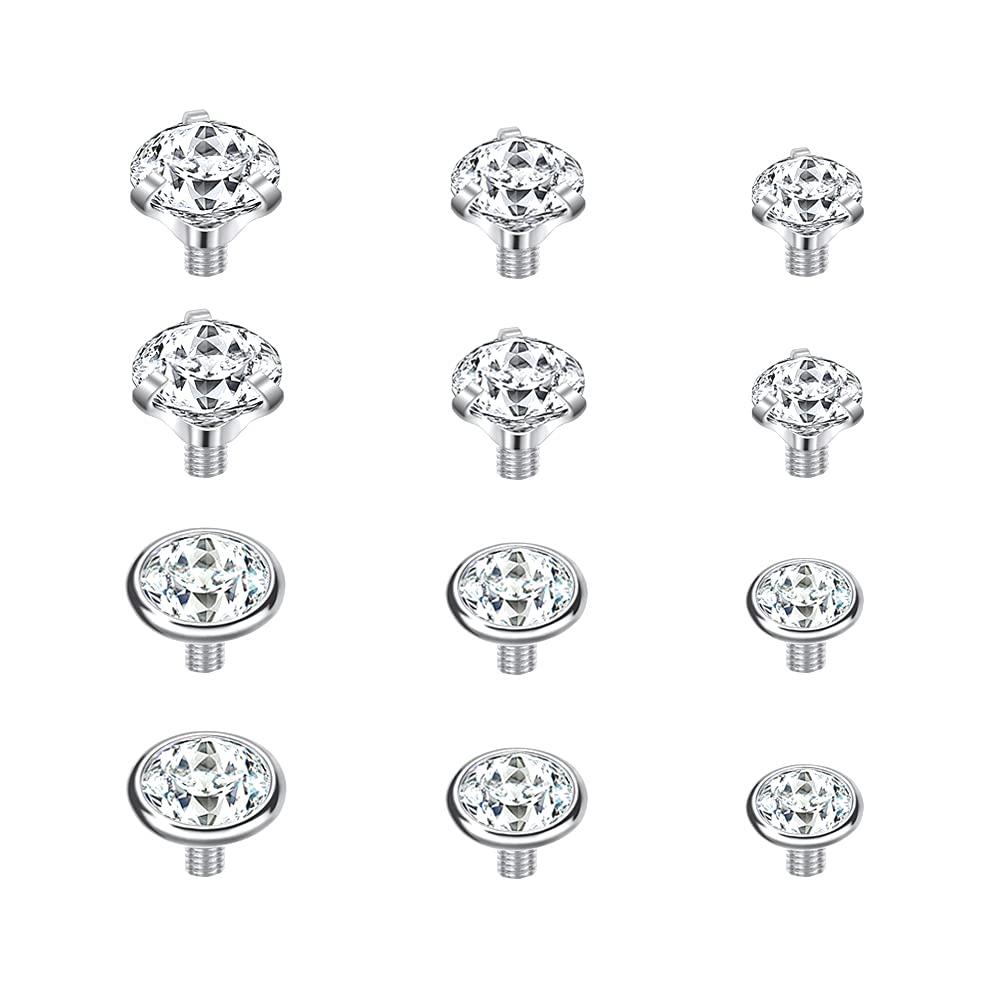 14G 4-20pcs Surgical Steel Dermal Piercing Jewellery Cubic Zirconia Micro Anchor Dermal Top Titanium Base Dermal Piercing, Stainless Steel, Stainless Steel