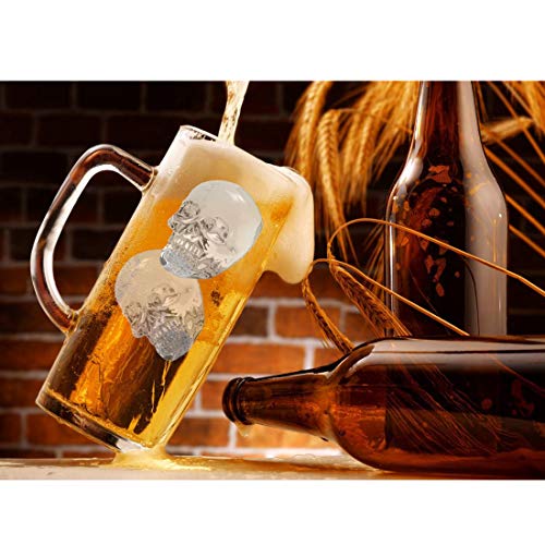 3D Skull Ice Mold Tray | Large Size 4 Cavity Food Grade Silicone Flexible Ice Maker for Whisky Jelly Candy Chocolate Cocktails - Awesome Halloween Christmas Gift, BPA Free