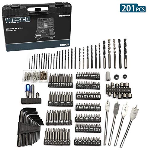 WESCO 201-teiliger Profi Bohrer- und Schrauberbit-Set, Bohrer-Set mit Koffer, HSS-Bohrern, Steinbohrern, Holzbohrern, Flachbohrern, Steckschlüsseleinsätzen