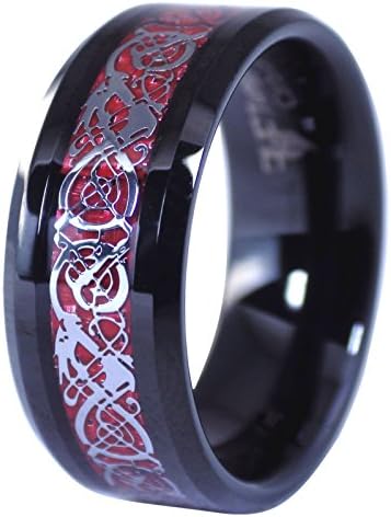 Viking Celtic Knot Dragon Ring Red Carbon Fiber Black Tungsten Band Size 7