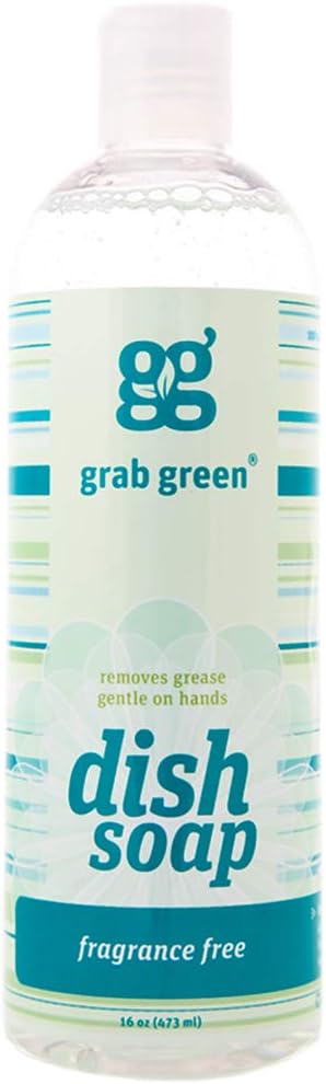 Grab Green Naturally-Derived, Biodegradable Liquid Dish Soap, Fragrance Free, 16 Ounce Bottle
