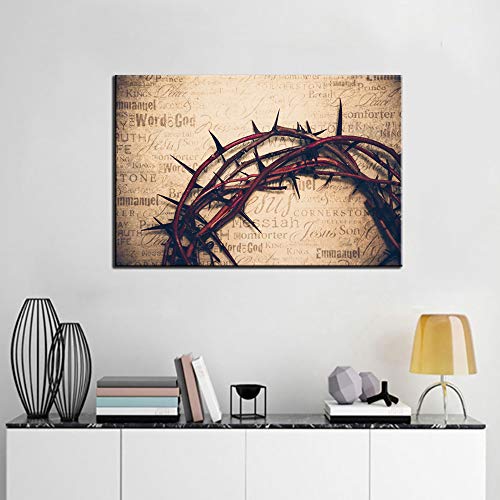 Art Work for Home Walls Jesus Christ Pictures Christ Redeemer Wall Decor Paintings Crown Headwear Thorn Bush Easter Religion 1 Panel Canvas Artwork for Living Room Framed Ready to Hang(16''X24'')