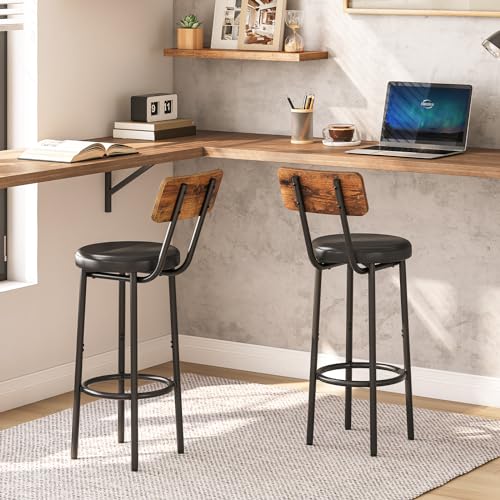 HOOBRO Round Bar Stools, Round High Bar Chairs Set of 2 with Back, Kitchen Counter Height Stools for Kitchen Island, Dining Room, High Stool Chairs with Footrest, Rustic Brown and Black EBF31BY01G2