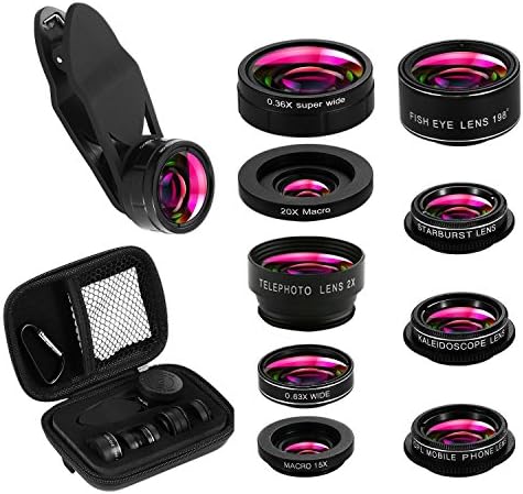 9 in 1 Phone Lens Kit, 2X Zoom Telephoto Lens + 198° Fisheye lens + 0.36X Super Wide Angle Lens + 20X Macro Lens + 15X Macro Lens + 0.63X Wide Lens + CPL + Kaleidoscope Lens + Starburst Lens