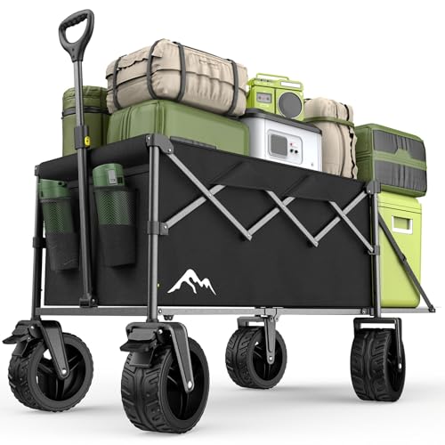 XXXL Handcart Foldable 300 L with Adjustable Tailgate, 200 kg Load Capacity, 360° Swivel All-Terrain Wheels & Double Brakes, Adjustable Handle & 2 Mesh Pockets, Beach/Hiking/Camping/Shopping