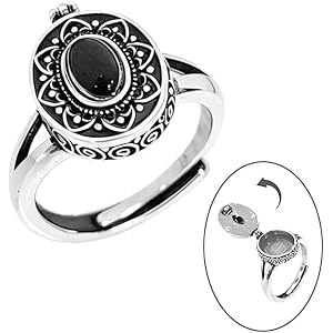 OIDIMS Vintage Faux Onyx Locket Poison Ring for Women Lotus Carved Openable Adjustable Finger Ring with Hidden Compartment fo