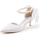Coutgo Womens Pearl Ankle Strap Pumps Low Kitten Heel D'Orsay Satin Back Tieknot Heels Pointed Toe Wedding Party Dress Shoes