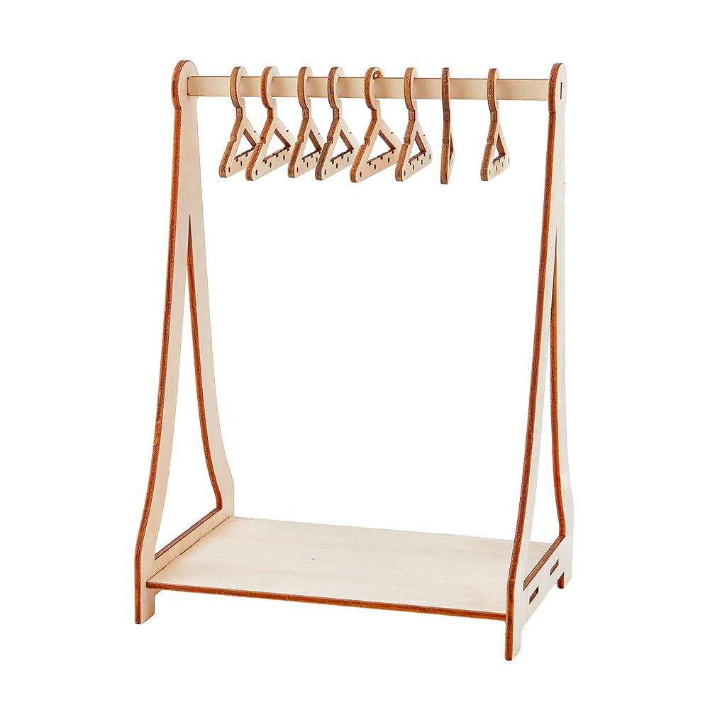 SUPERFINDINGS 32 Holes Wood Miniature Hangers and Clothes Rack Earring Hanger Rack with 8 Mini Hangers Tabletop Jewelry Display Stand for Jewelry Display Supplies, 15.5x10x21.6cm