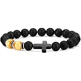 Byson Fashion Religion Cross Men Women 8mm Natural Stone Tiger Eye & Black Matte Agate Beads Bracelet Elastic Bracelet Bangle