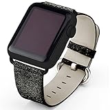 iiteeology Compatible Apple Watch Band, Glitter Bling Replacement Leather Bracelet for Apple Watch Series 4/3/2/1 (42mm/44mm Black Band+ Black Connector)