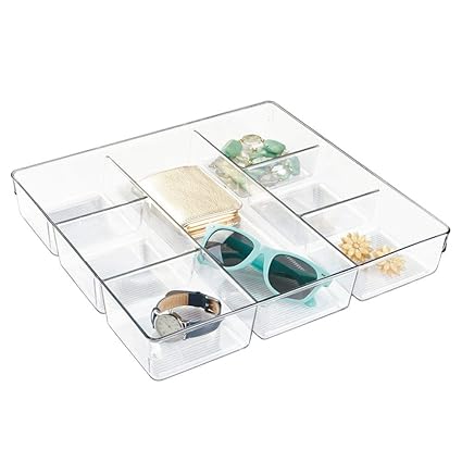 iDesign Aufbewahrungsbox mit 7 Fächern, kleine Schubladenbox aus Kunststoff, Schubladen Organizer für Schrank oder Schminktis