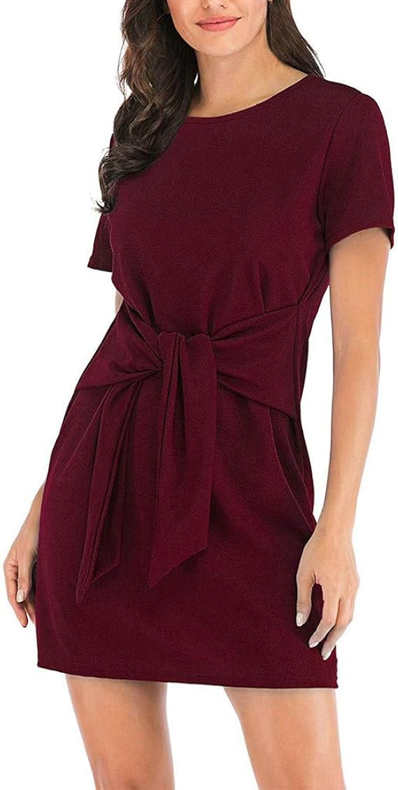 XLGX Robe D'été de Couleur Unie pour Femmes, Col Rond Robe Mince T