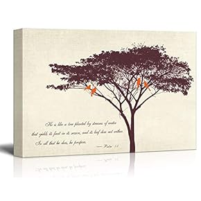 Canvas Wall Art - Abstract Tree and Birds on its Branches with Bible Quotes from Psalm 1:3 - Giclee Print Gallery Wrap Modern Home Art Ready to Hang - 12x18 inches