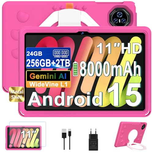 Dghrti 2026 Android 15 Tablet with EVA Silicone Protective Case, 24GB+256GB/2TB, Kids Tablet 11 Inch Octa-Core, Gemini AI/Widevine L1, 8000 mAh, 13MP+5MP, Metal Body, Large-Rose Tablet